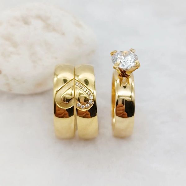 Anillos Corazones del amante del diseñador Conjuntos de anillos de compromiso de boda para parejas Joyería de moda chapada en oro de 24 k Anillo de dedo de diamante cz