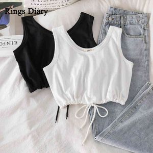 Ringen dagboek vrouwen gebreide gewas tanks stropdas front mouwtank top effen kleur ronde hals casual eenvoudige dstring gewas gebreide tops x0507