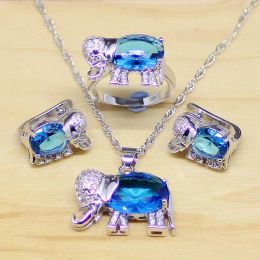 Bagues éléphant bleu Zircon cristal blanc, ensembles de bijoux en argent Sterling 925 pour femmes, boucles d'oreilles/pendentif/collier/anneaux de fête T157