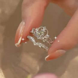 Rings Exquise Crown Zirkon Hartvormige 14K Witgoudring voor dames mode prinses bruid verloving trouwring set sieraden cadeau