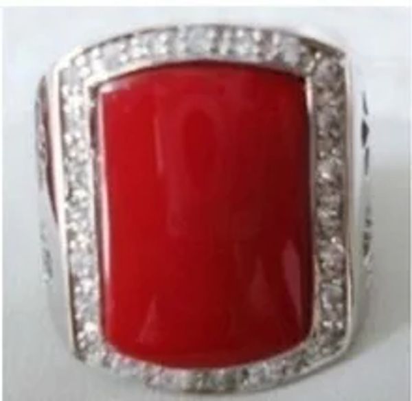 Anneaux Bague pour hommes en argent corail rouge exquis taille taille américaine 8 9 10 11 # bague pour hommes véritable pierre naturelle gemmes Fortune bijoux fins