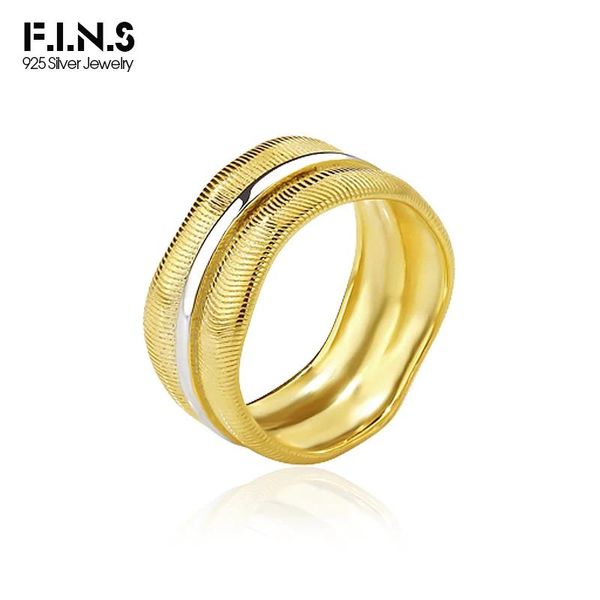 Anneaux F.I.N.S 925 Sterling Silver Gold Stripe Surface Collision Couleur Large Bague Taille Lourde 6 7 8 Unisexe Couple Fine Bijoux De Doigt