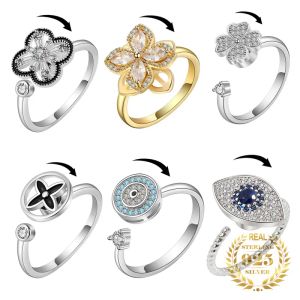 Anneaux Fashion Sterling Silver 925 Zircon rotatif à quatre feuilles Clover Anxiété anxiété pour les femmes Antistress Fidget Spinner Ring Jewelry