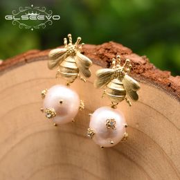 Anneaux Glseevo Natural Natural Freshater Big Pearl Drop Boucles pour femmes Engagement de mariage Boucles d'oreilles en abeilles