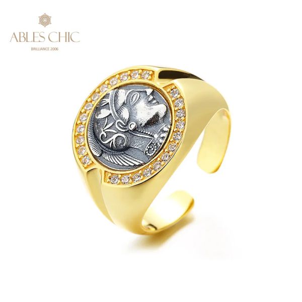 Anillos griego Athena Silver Coin Cz Halo 18K Gold Tone Solid 925 Silver Roman Roman anillo abierto R1074