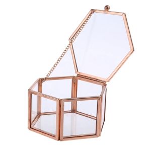 Boîte à bagues hexagonale transparente en verre or Rose, boîte à bagues de mariage géométrique en verre Transparent, boîte à bijoux organisateur support de table