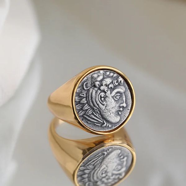 Anneaux chauds vendant une marque célèbre Ancient Roman Coin Ring Sier Electroplate Hercules Relief Fashion Charm bijoux en gros
