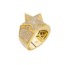 Anneaux Jewe S fantaisie 14K Gold plaqué à cinq points d'anneau d'étoile CZ Anneau de pierre glacée en zircone cubique Bijoux Hip Hop Mentirie pour hommes