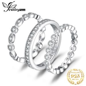 Anneaux JewelryPalace 3 PCS 925 STERLING Silver Yellow Rose Gold Band Set Femmes Empilable Aaaaa CZ Simulate Diamond Dinger Ring