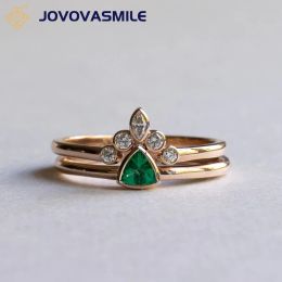 Anneaux JOVOVASMILE 4*4mm Trillion coupe bague émeraude cultivée en laboratoire ensembles 2 anneaux avec bague Moissanite 14 K or jaune pour femme