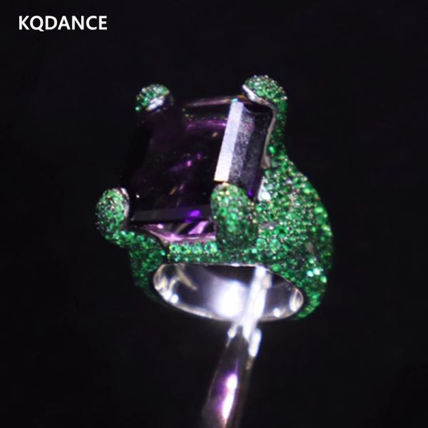 Anneaux Kqdance Luxury Solid 925 Silver Sterling Large Création du rectangle émeraude Rectangle Purple Amethyst Diamond Rings avec de gros bijoux en pierre