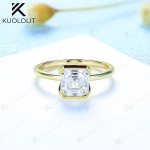 Kuololit 2CT Asscher Cut Moissanite anneaux pour femmes solide 18K 14K 10K 925 argent or jaune pour anniversaire de mariage fiançailles