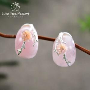 Rings Lotus Fun Moment Real 925 Sterling Silver Natural Rosy Crystal Handmade Fine Jewelry Plum Flower Stud Oorringen voor vrouwen