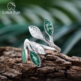 Rings Lotus Fun Real 925 Sterling Silver Open Ring Natural Stone Handgemaakt ontwerp Fijne sieraden Spring in de luchtblaadringen voor vrouwen