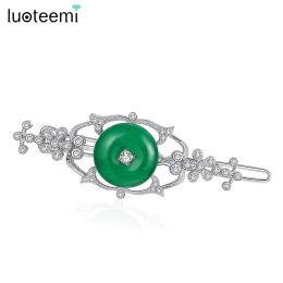 Anneaux Luoteemi Green Jade Couleur épingles de cheveux vintage Zirconi le mariage nuptial Clip Hair Elegant Femmes CZ Accessoires de cheveux