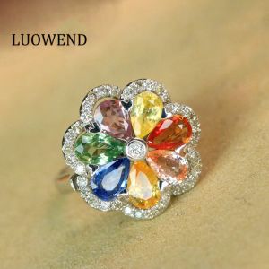 Anneaux Luowend 18K Ring Gol en or Couleur naturelle Sapphire Anneaux Sweet Candy Design Lucky Design Gemstone Bijoux pour les femmes