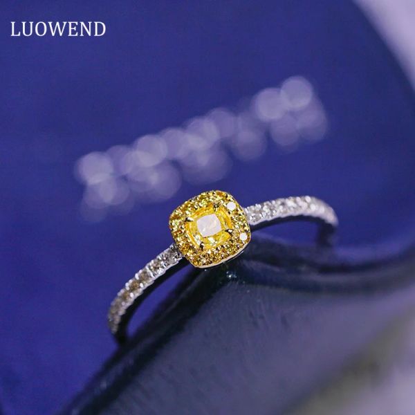 Anneaux LUOWEND 18K or blanc anneaux 0.40 carat véritable naturel jaune diamant bague de fiançailles pour les femmes de mariage de luxe carré Design