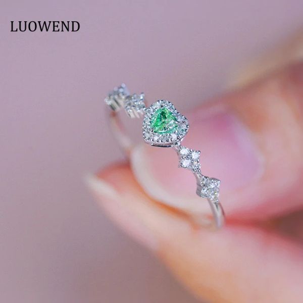 Anneaux LUOWEND 18K or blanc anneaux romantique coeur conception 0.35 carat véritable naturel vert diamant bague de fiançailles pour les femmes de mariage