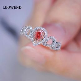 Anneaux LUOWEND 18K or blanc anneaux brillant conception minimale réel naturel rose diamant bague de fiançailles pour les femmes de mariage INS Style bijoux