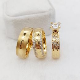 Bagues de luxe 3 pièces pour couples, ensembles de bagues de fiançailles de mariage pour hommes et femmes, bijoux plaqués or 18 carats, couronne de promesse