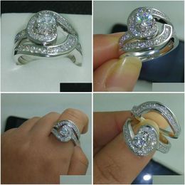 Bagues de luxe à travers la promesse, ensemble de bagues en Zircon blanc et or pour femmes, bijoux de fiançailles de mariée, cadeau, livraison directe, Otmra