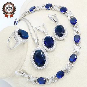 Ringen Luxe blauwe halfedelstenen zilveren kleur sieradenset voor vrouwen met armband hoepel oorbel ketting hanger ring geschenkdoos