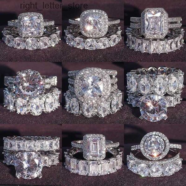 Anillos Anillos de plata real de lujo Conjunto de anillos de boda de corte princesa ovalado para mujeres Compromiso Joyería de eternidad Zirconia R4975 P0818 240229