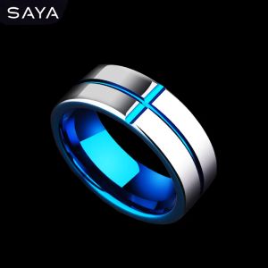 ringen mannen wolfraam gegroefde ring, plaat blauwe mode-sieraden ring voor bruiloft/cadeau, gratis verzending, aangepast