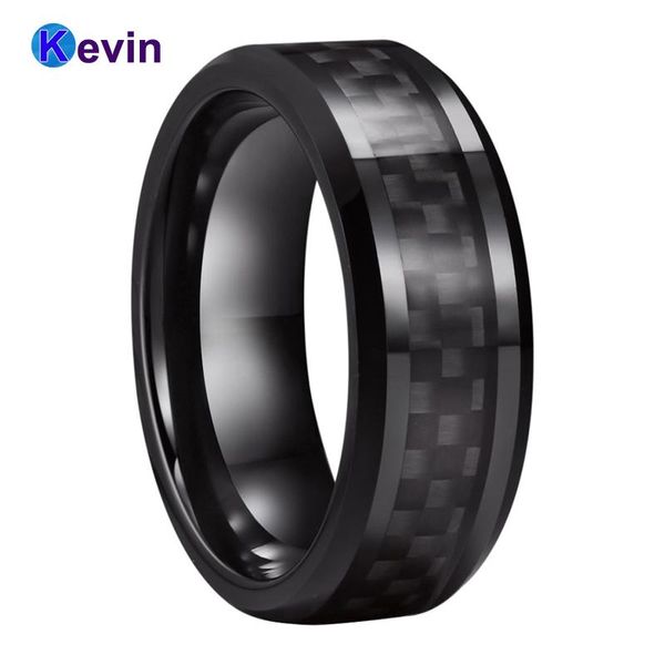 Anillos Hombres Mujeres Anillo de tungsteno negro Alianza de boda con incrustaciones de fibra de carbono negro 8MM Ajuste cómodo