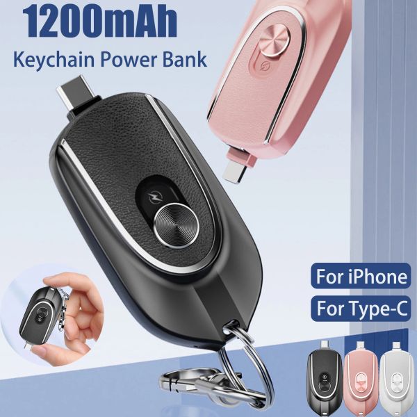 Rings Mini Keychain Power Bank 2 Interfaces de salida 5V 1200mAh Backup Bank Bank retráctil Accesorios de carga de teléfono impermeable