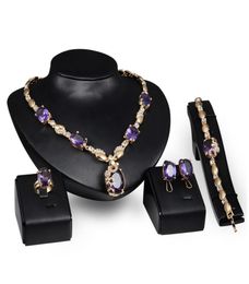 Anéis colares pulseiras brincos conjunto de jóias moda real imitação pedra preciosa 18k banhado a ouro festa jóias 4 peça conjunto atacado1316575
