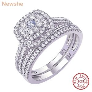 Rings newshe 2pcs trouwringen voor vrouwen solide 925 sterling zilveren verlovingsring bruids set 1.6ct halo ronde gesneden aaaaaa zirkon