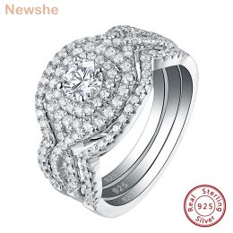 Anneaux Newshe – ensemble d'anneaux de mariage pour femmes, 3 pièces, empilables, en argent Sterling 925, bijoux de luxe, Halo, coupe ronde, Zircon cubique AAAAA