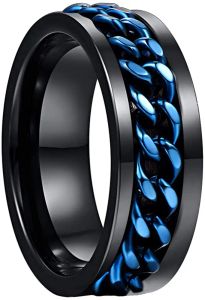 NUNCAD – bague en carbure de tungstène pour hommes, 8mm, bague en acier tungstène noir avec chaîne rotative bleue incrustée, confort ajusté, taille 612