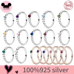 Anillos 100% Plata de Ley 925 Original, doce meses de cumpleaños, flores, piedra, anillo de pan a la moda para mujer, abalorio de cuentas, regalo, joyería DIY