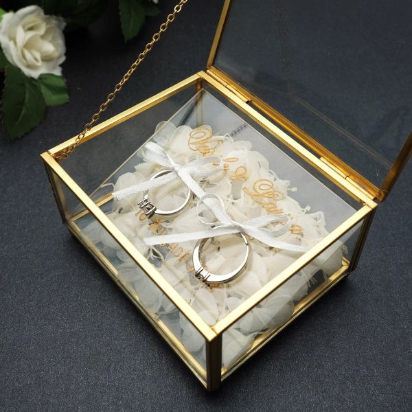 Boîte à bagues en verre personnalisée, porte-bague de mariage personnalisé, boîte de rangement de bijoux en verre doré, personnalisé vos noms et Date