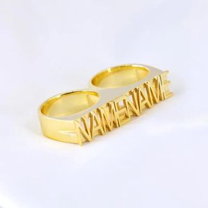 Ringen Gepersonaliseerde Twee Vingers 3D Naam Ring voor Mannen Vrouwen Aangepaste RVS Dubbele Namen Gesneden Gouden Bruiloft Vinger Ringen Sieraden