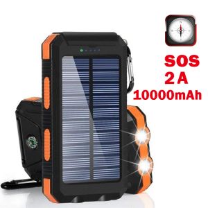 Anneaux Banque d'énergie solaire portable 10000mAH USB 2A Charge rapide Aliérofanque Powerbank 3Defenses Compass SOS Signal Lampe de poche avec Keychain