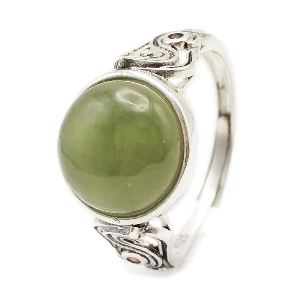 Anneaux Véritable Hetian Vert Naturel Jade Pierre Ronde Cabochon Bague Vague De Mer 925 Sterling Argent Antique Réplique Bijoux pour Femmes et Hommes