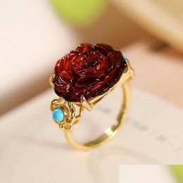 Rings S925 Sterling Sier Gilded Natural Red Amber Turquoise Sweet Peony Flowers F Verstelbare openingsring K0163 Drop Dhgarden Dh74F