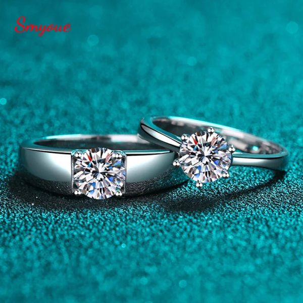 Anneaux Smyoue D Color 1ct Moisanite Couple de couple Amoureux du ring Solitaire Promesse de mariage 925 Silver Platinum plaqué Brilliant Halo Band