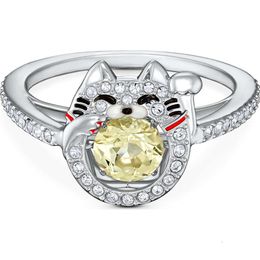 Ringen Swarovski Designer Luxe Mode Vrouwen Kloppend Hart Oproep Rijkdom Kat Ring Vrouwelijke Swarovski Element Kristallen Ring