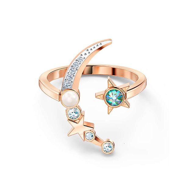 Anneaux Swarovski Designer Luxe Mode Femmes Haute Édition Double Face Rotation Étoile Lune Honeytongue Anneau Ouvert Femelle Swallow Element Star Moon Ring Female