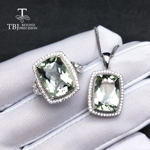 Rings TBJ, Big Natural Green Amethyst Gemstone Jewelry Jewelry Jewelry Jewelry Pendence y anillo en Sterling Sier Classic Trendy Gift For Women