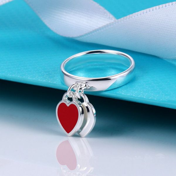 Anneaux top titane acier argent amour anneaux marque imprimé coeur double coeur étiquette femmes anneau concepteur couple bijoux cadeau