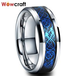 Rings wolfraam trouwringen 8mm blauw blauwe draak ringen voor mannen vrouwen verlovingsring gepolijst glanzend met koolstofvezel comfort fit