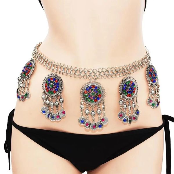 Anillos Turquía Sexy Ladies Belly Cintura Cadena Tribal Gypsy Sier Color Tallado Flor Indio Crystal Beach Dance Belt Boho Joyería del cuerpo