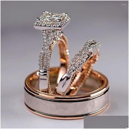 Anneaux Puring Luxury Princess Cut Cumbic Zircon Bridal Marriage Set Arestories Elegant Accessoires Brilliant Femmes Men de bijoux Trendy Drop Livraison OTQGH