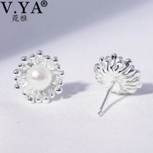 Anneaux V.Ya 925 Boucles d'oreilles de fleurs en argent sterling étalons de boucles d'oreilles en eau douce et de boucles d'oreilles en eau douce et en eau douce de file d'oreilles