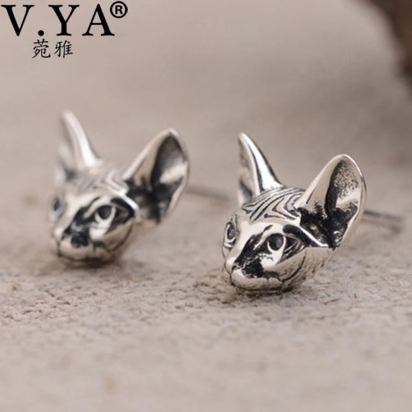 Anillos V.YA 925 STERLING SILVER Vintage Lindo Cabeza de gato Arte de la moda Pendientes de animales pequeños Pendientes de plata tailandeses Regalos de joyería